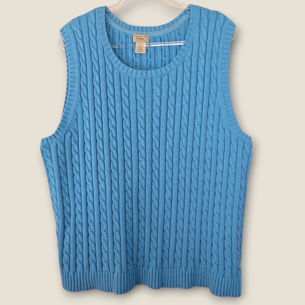 L.L. Bean Sweater Vest Size 1X Powder Blue Cable Knit Cotton Unisex Twee Cottage